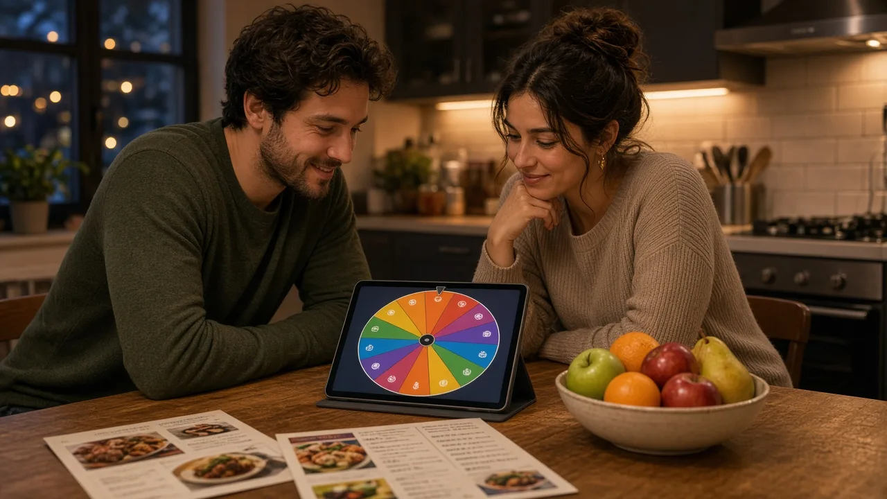 Two friends using a dinner decider wheel on a tablet at a kitchen table
