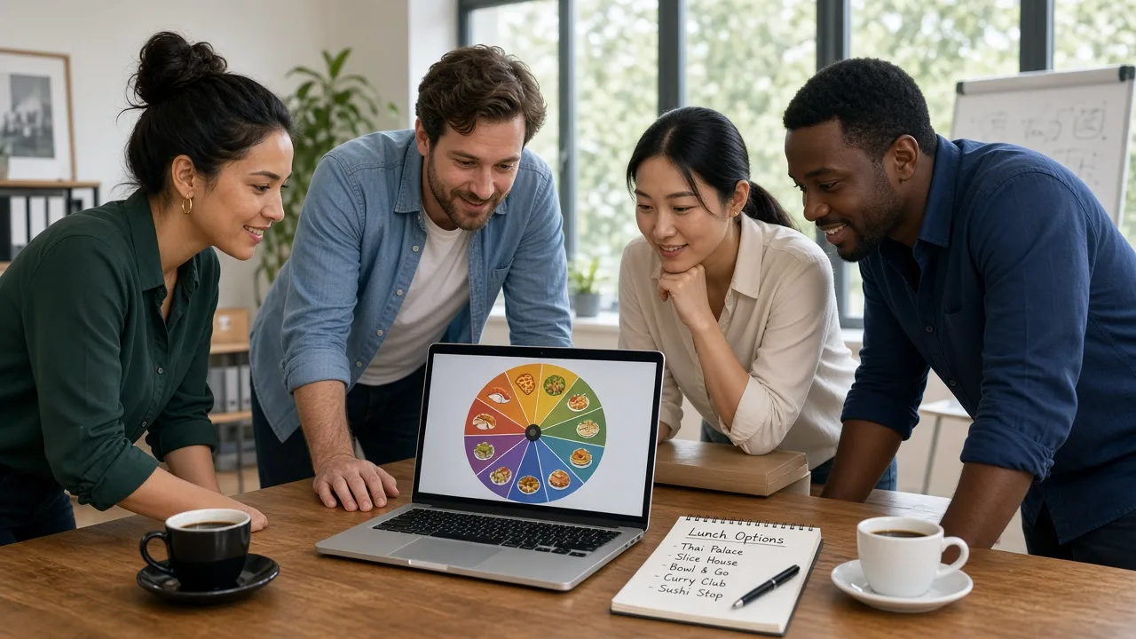 Office coworkers using a food roulette wheel on a laptop to pick a team lunch