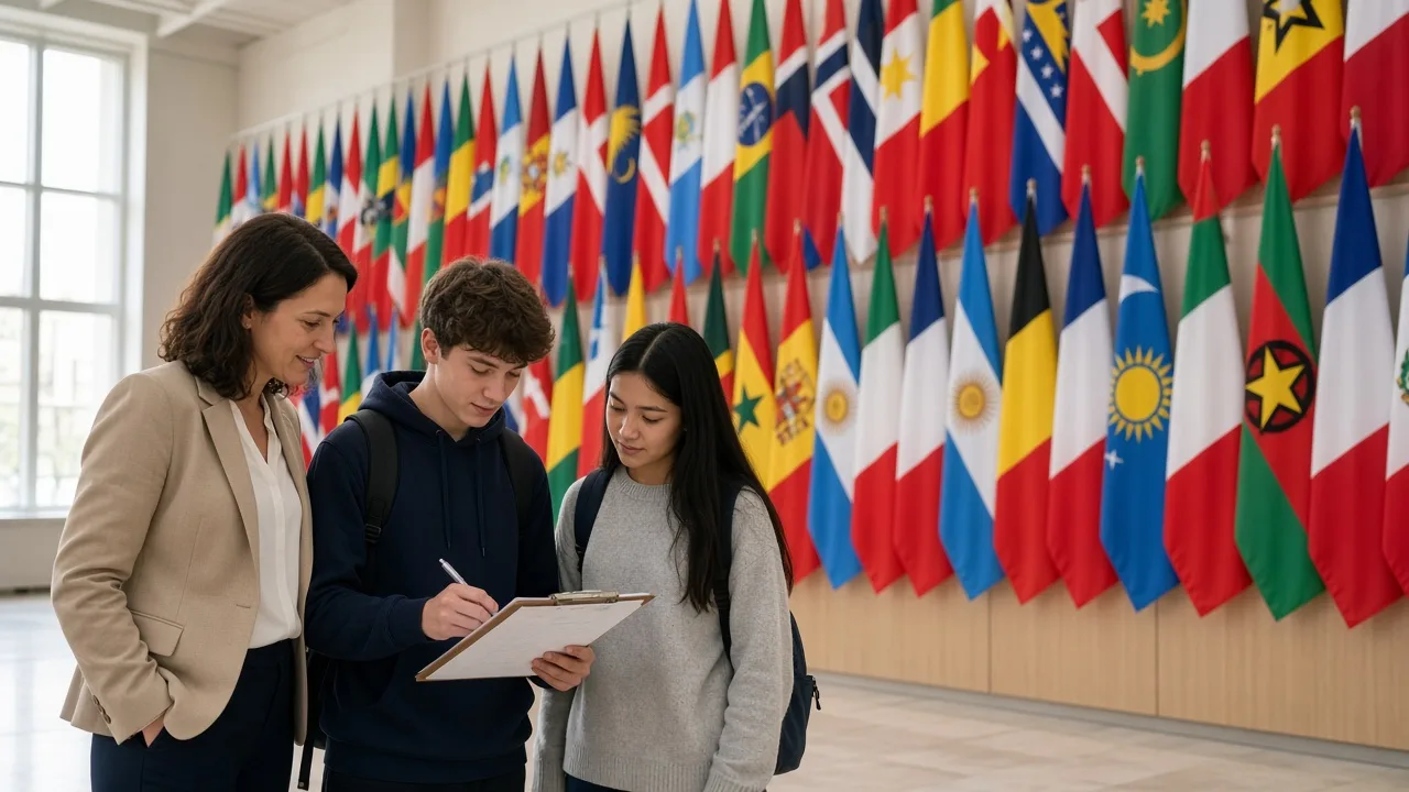 How many countries are there: a teacher and students counting a row of national flags