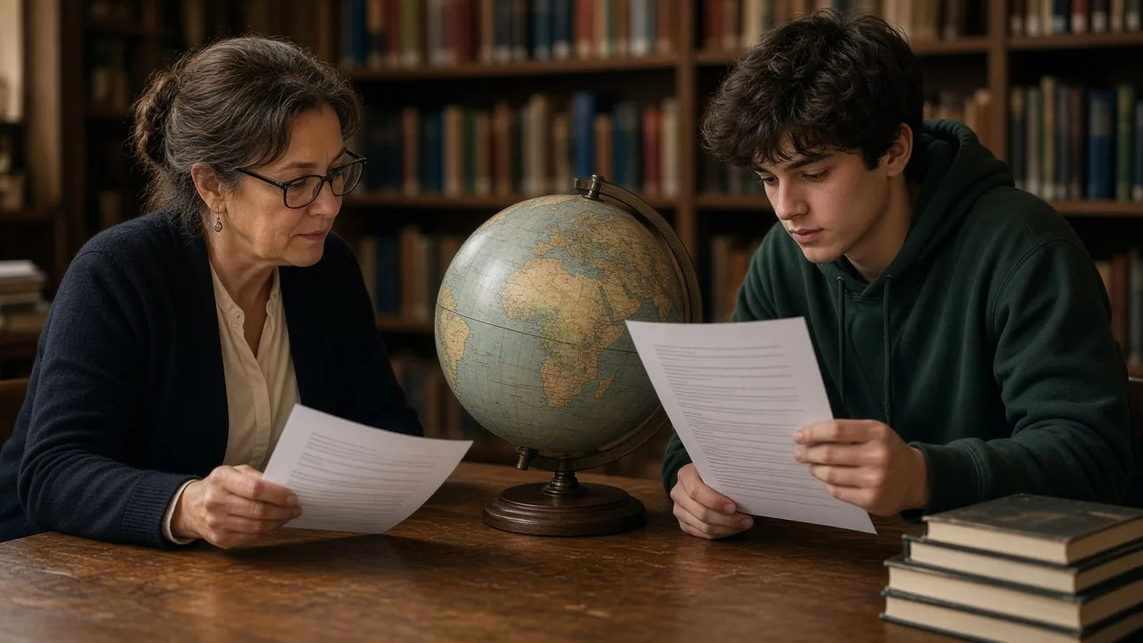A librarian and a student comparing a short country list with a longer one beside a globe