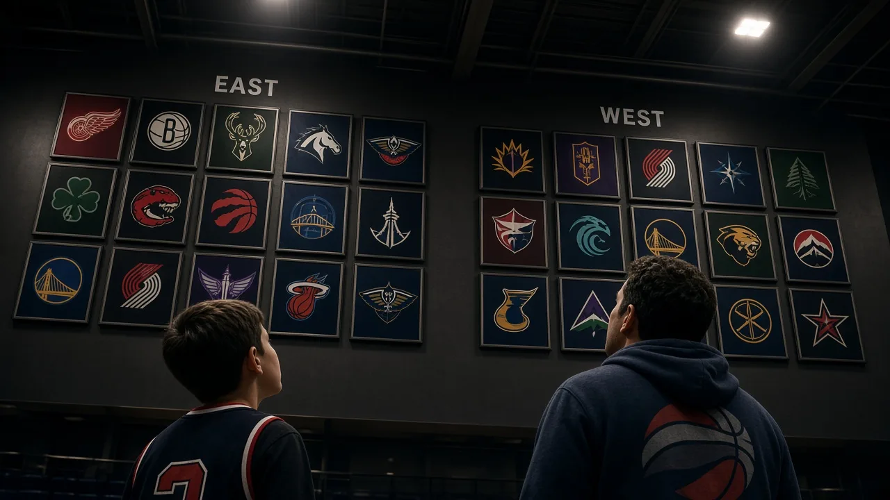 How many NBA teams are there: a fan and a child looking at arena banners split into two conference groups
