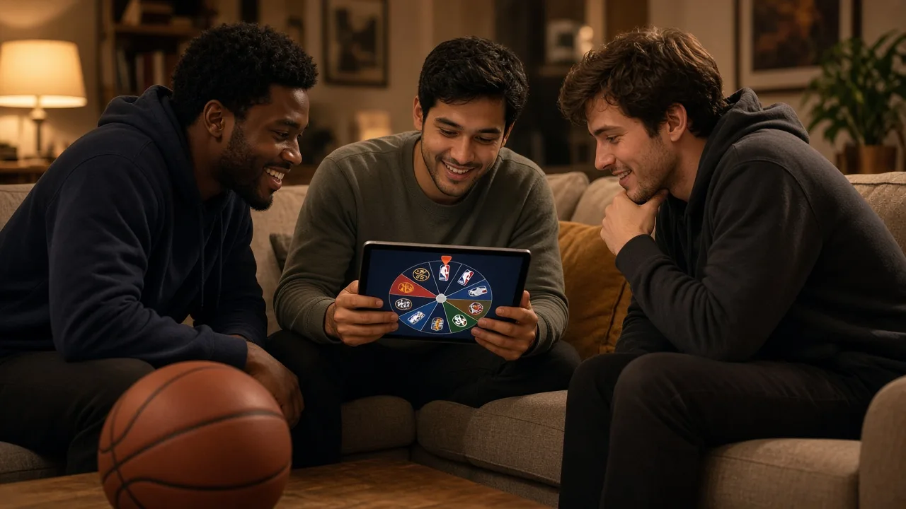 Friends on a couch spinning a basketball team wheel on a tablet to pick a matchup