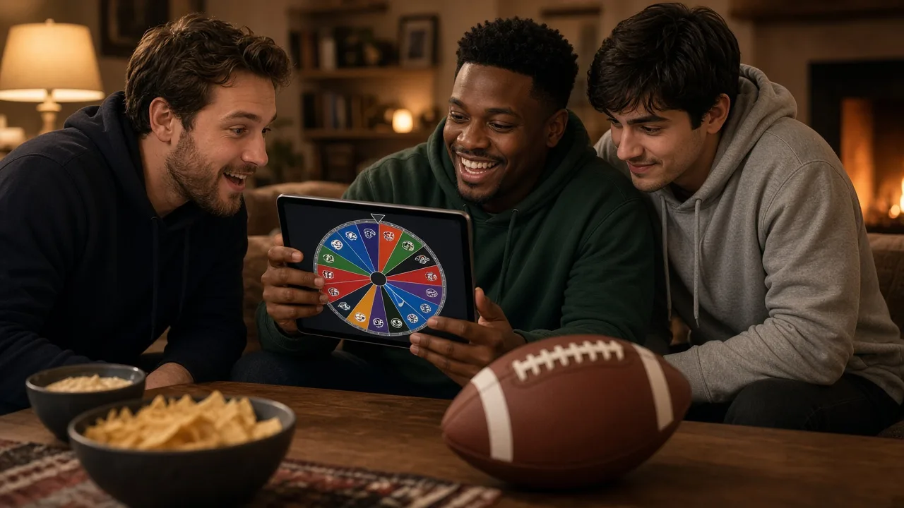 Friends on a couch spinning a football team wheel on a tablet to pick a matchup