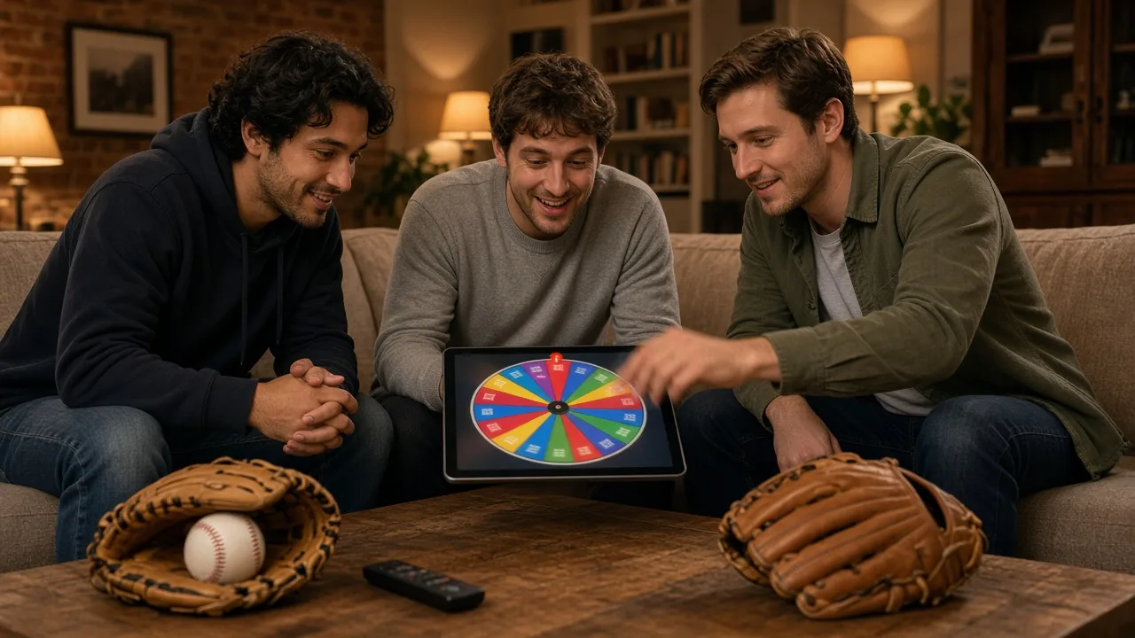 MLB team wheel: friends on a couch spinning a picker to choose a baseball club for a video game