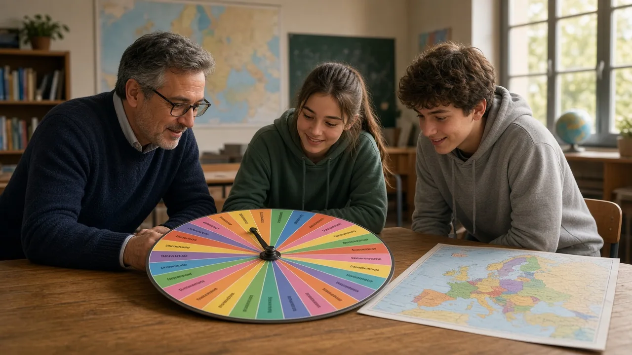 Random country generator Europe: a teacher and two teenagers around a country spinner with a map of Europe on the table