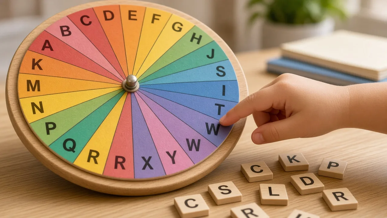 A hand about to spin an alphabet wheel labeled A through Z on a desk of letter tiles