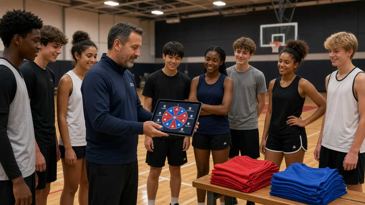 A coach and players beside a tablet showing a name wheel used to split two teams