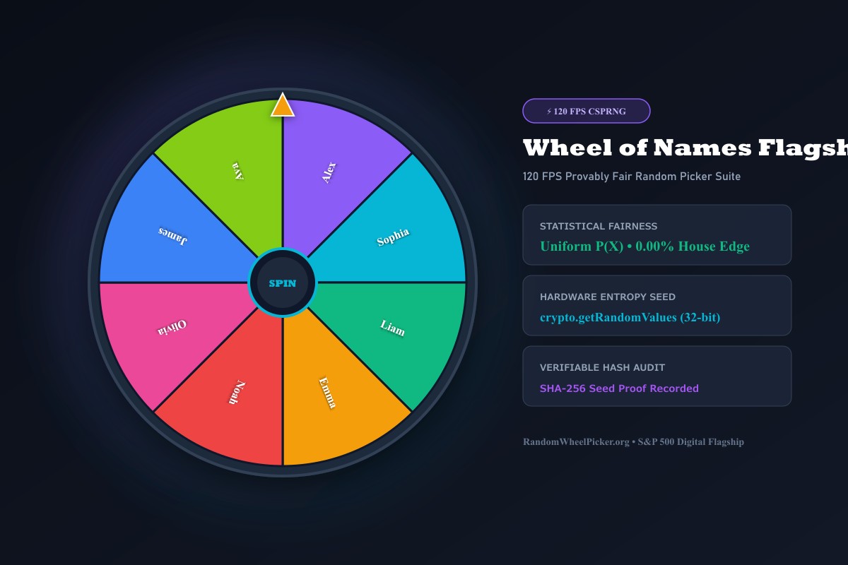 Interactive 120 FPS Wheel of Names canvas interface with custom probability weights and provably fair cryptographic RNG